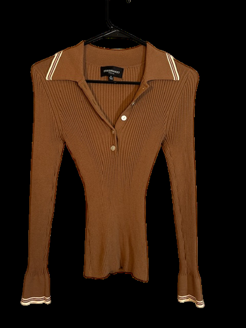 Free Market Brown Ribbed Button Henley Collared Blouse Women Sz M